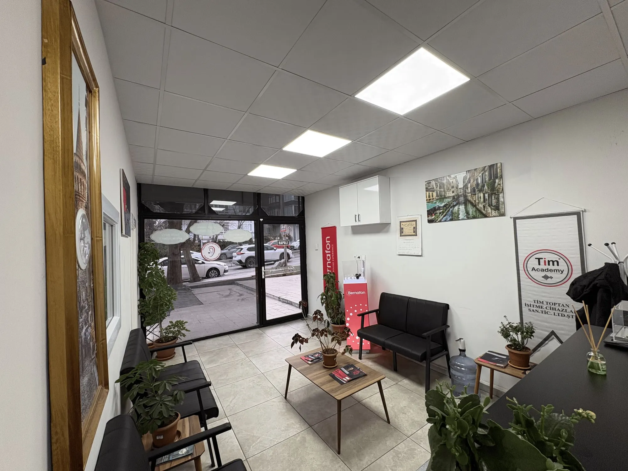 Bekleme alanı: koltuklar, bitkiler ve cadde manzaralı vitrin